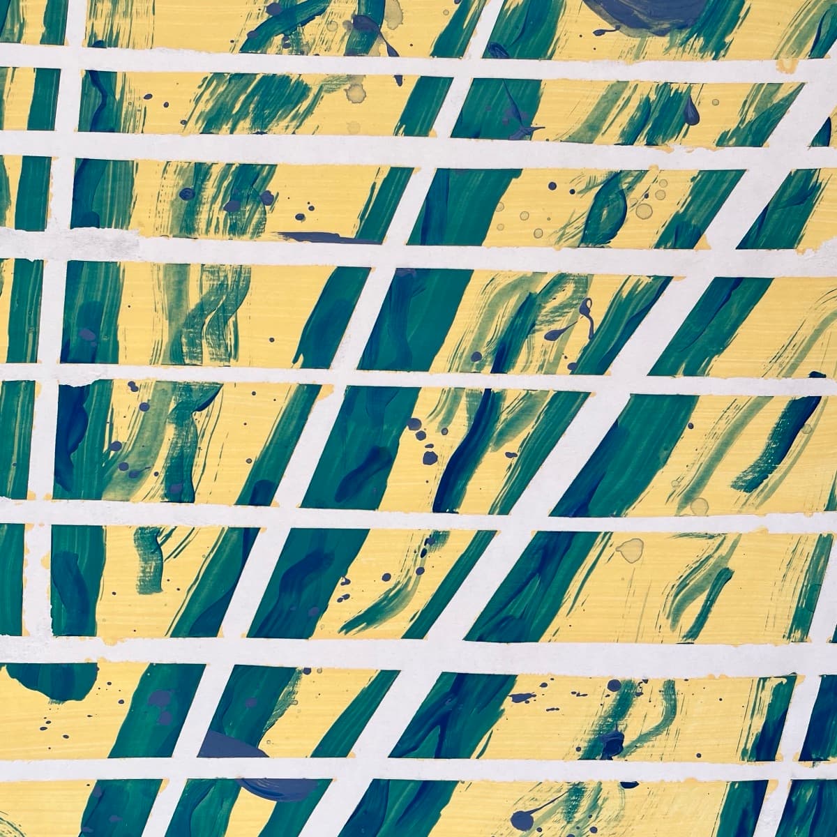 A painting on paper: teal brushstrokes over pale yellow, spattered with dark blue drops, crossed by a grid of unpainted white lines that tilts as it climbs.